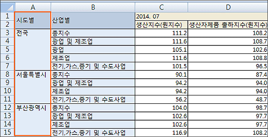 셀 병합 체크 화면