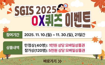 SGIS 2025 OX 퀴즈 이벤트 참여기간 2025.11.10.(월)부터11.30.(일)까지,21일간 상품내역 만점상(40명):1만원 상당 모바일 상품권 참가상(120명):5천원 상당 모바일상품권 바로가기